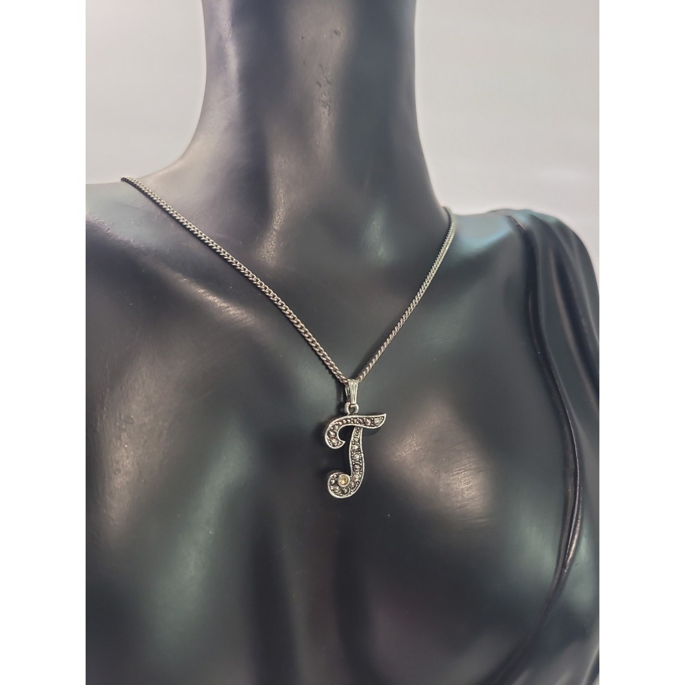 Silver Tone T Initial Pendant Necklace White Rhinestones Script Letter